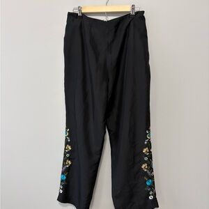 Vintage Silk Black Fairycore Embroidered Floral Wide Leg  Cropped Pants